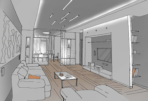 Заказать  online личный Блиц-дизайн-проект интерьеров жилого пространства в г. Черкассы  . Гостиная 30,2 м2. Вид 2